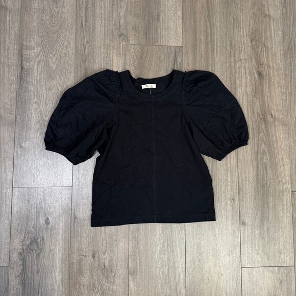 Madewell Puff-Sleeve Tee XS Black Crew Neck Cotton Relaxed Pullover Ruffle Trim - Picture 4 of 8